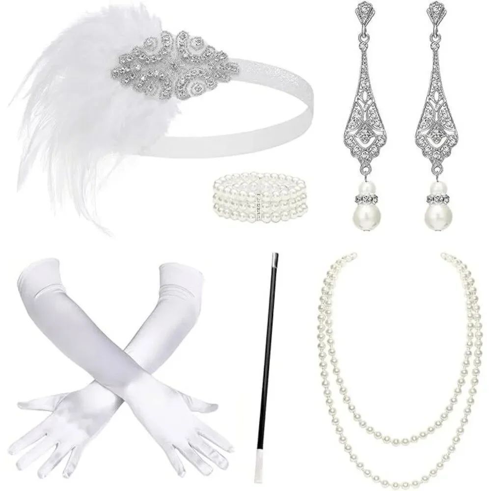 🤍✨ 6PCS 1920s White Accessories Flapper Great Gatsby Retro Costume Set NEW